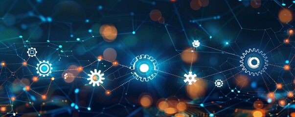 Fototapete - Industry 4.0 concept showing automation with gears connected in network and a futuristic technological background