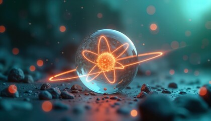 Poster - Abstract illustration of atom. Glass sphere contains glowing atom model. Orange glowing lines represent electron orbits. Dark rocks on ground. Scientific illustration for science education. Great