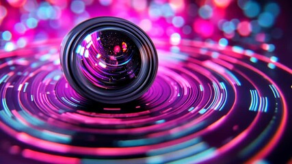 Wall Mural - colorful abstract light reflections in a dark setting with a camera lens in focus