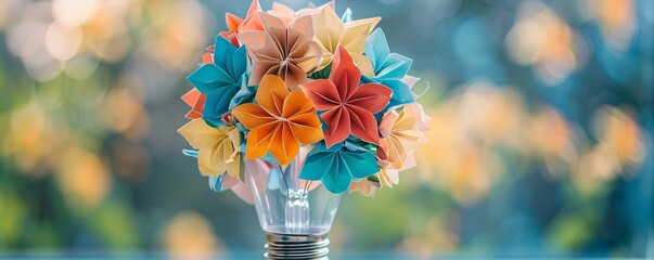 Aufkleber - Collection of vibrant origami flowers is displayed in a light bulb, representing creativity and ingenuity