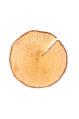 Wall Mural - Top view of a round wooden slice with visible tree rings and natural bark, featuring a crack. Ideal for rustic decor, crafts, or product display