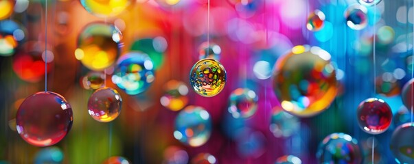 Aufkleber - Colorful transparent spheres hanging on strings against abstract background