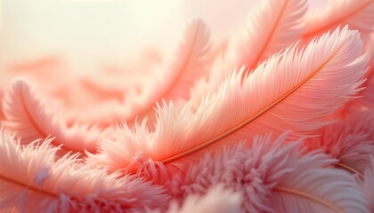 Poster - Closeup view of soft fluffy feathers in shades of pink, orange. Abstract, elegant texture. Softness, delicate colors evoke sense of beauty, luxury. Suitable for decoration design. Macro photo shows