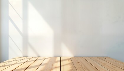 Poster - Empty light wooden tabletop with clean white wall background. Sunlight casts shadows on table. Interior design studio scene with copy space. Suitable for product presentation, e-commerce, marketing.