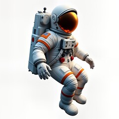 Poster - Astronaut in space suit floats in outer space. Spacesuit white with orange details. Astronaut seated. Image on transparent background. Space exploration concept. Illustration style cartoonish.