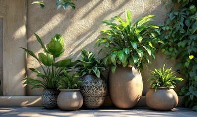 Poster - Potted plants sit before textured wall with creeping vines.