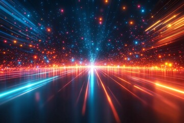 Poster - Bright beams of light create a vibrant visual space with colorful particles at night