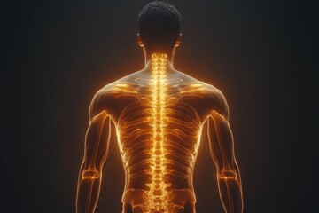 Poster - Human spine illuminated with glowing energy on a dark background highlighting anatomy and structure
