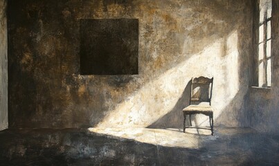 Poster - Chair with sunlight in a room with dark accents.