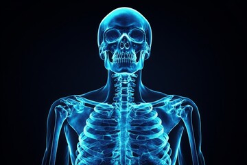 Poster - Detailed view of a human skeleton structure highlighted in blue against a dark background for educational purposes