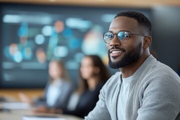 Leinwandbilder - Professional smiling man in casual attire attending a business meeting in a modern conference room with colleagues
