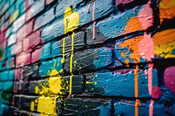 Aufkleber - Colorful abstract paint transforms a brick wall texture into a vibrant urban backdrop