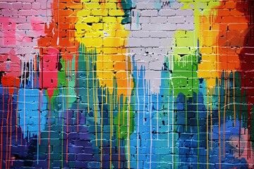 Poster - Dripping colorful paint creates an abstract and artistic backdrop on a brick wall