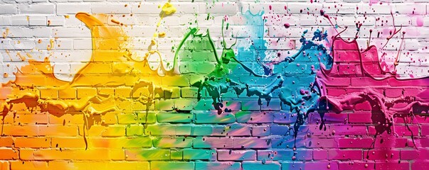 Poster - Vibrant abstract design created by colorful paint splattering on a white brick wall