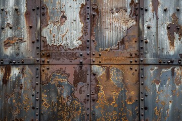 Poster - Industrial grunge background with a heavily corroded and riveted rusty metal wall