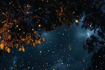 Aufkleber - Enchanting fireflies dancing in the dark night sky amidst the lush green foliage of trees