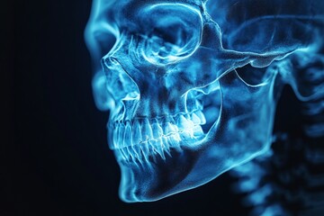 Poster - X-ray of a human skull revealing detailed anatomical structures in a dark background setting