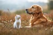 © ChaoticMind - Golden retriever and white kitten enjoying a peaceful moment in a meadow filled with wildflowers during a sunny afternoon