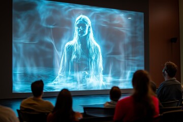 Poster - People watching a holographic display of a woman in a futuristic setting during an evening event