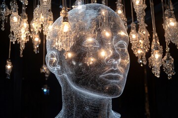 Poster - Innovative art installation featuring a glowing mannequin with crystal chandelier lights in a modern gallery space