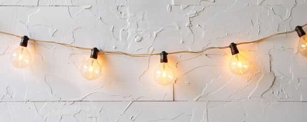 Aufkleber - Row of radiant light bulbs adorns a textured white wall, setting a cozy and welcoming atmosphere
