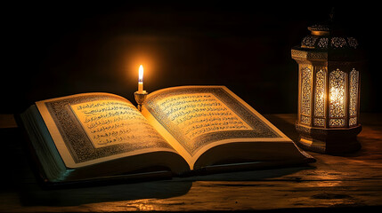 Wall Mural - Quran, candlelight, lantern, night, wooden table, religious study, peaceful, spiritual, Islam, Ramadan