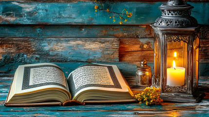 Wall Mural - Quran, lantern, candle, flowers, wooden background; religious scene, peaceful atmosphere, spiritual reading