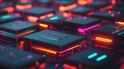 Poster - A futuristic battery array glowing with vibrant colors, symbolizing renewable energy storage.