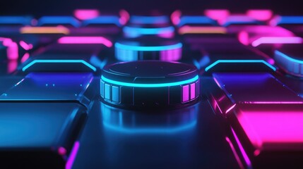 Poster - A futuristic battery array glowing with vibrant colors, symbolizing renewable energy storage.