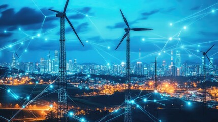 Poster - A futuristic urban skyline powered by renewable energy sources with glowing lights.