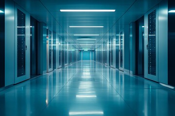 Poster - Sleek and modern data center corridor illuminated by bright overhead lights in a technological environment