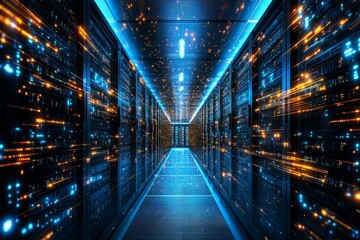 Aufkleber - Vibrant data center corridor illuminated with digital lights and energy reflections