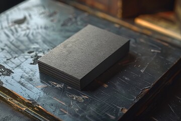 Poster - Black business cards stacked on a rugged desk exude professionalism and style