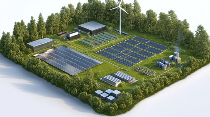 Poster - A microgrid layout with solar panels, wind turbines, and storage systems.