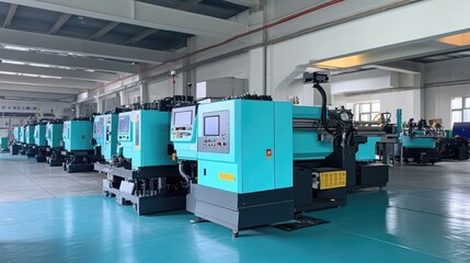 Poster - A row of injection molding machines producing plastic parts in a clean industrial setting.