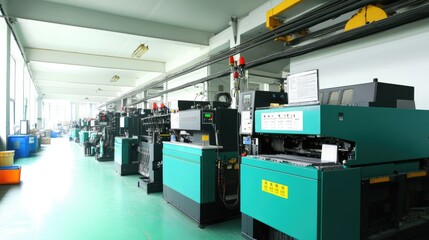 Poster - A row of injection molding machines producing plastic parts in a clean industrial setting.