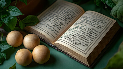 Wall Mural - Quran, wooden spheres, plants, green background, spiritual reading