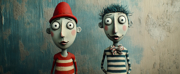 Two handcrafted clay figurines with expressive faces, wearing striped outfits and accessories, standing against a textured blue wall. Concept of creativity, handmade art, whimsy, and storytelling.