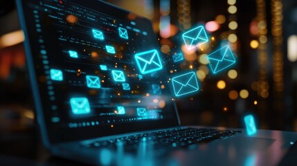 Poster - Conceptual illustration of email icons flying out of a laptop screen.