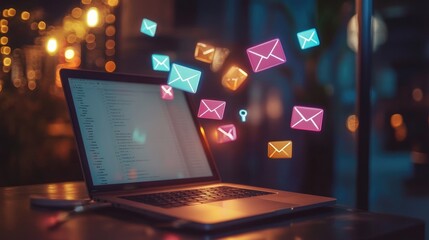 Poster - Conceptual illustration of email icons flying out of a laptop screen.