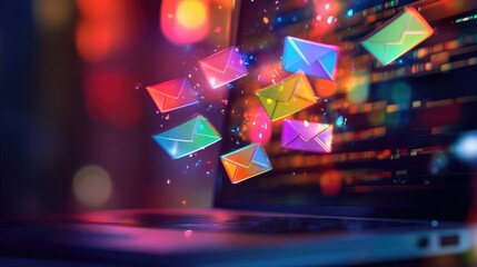 Poster - Conceptual illustration of email icons flying out of a laptop screen.