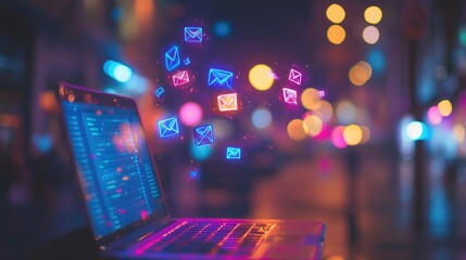 Poster - Conceptual illustration of email icons flying out of a laptop screen.