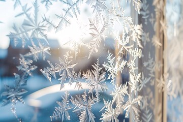 Poster - Sunlight shining through a window with beautiful and delicate frost and ice crystal formations