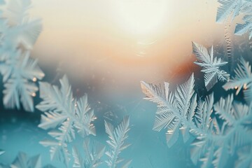 Poster - Stunning ice crystals forming on glass against a backdrop of a winter sun