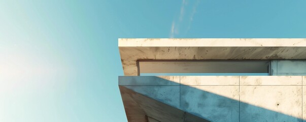 Poster - Modern concrete building exterior facade with balcony on blue sky background on sunny day