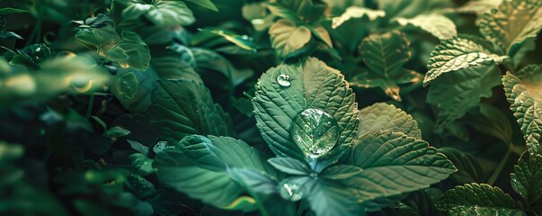 Poster - Sparkling water droplets clinging to lush green leaves, capturing the beauty of nature