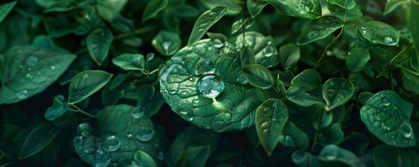 Poster - Big water drop reflecting sunlight on green leaf with small water drops after the rain