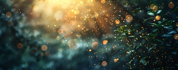 Aufkleber - Golden light particles falling on lush green plants in magical forest setting creating a dreamy atmosphere