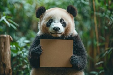 Poster - Cute panda holds a blank sign in a lush green environment during daylight