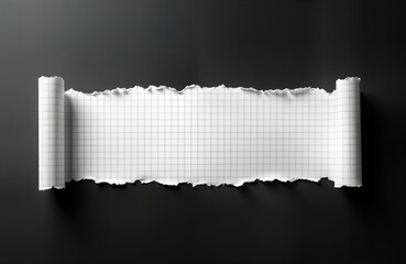Poster - White graph paper rips open black background. Ripped paper piece. Blank paper sheet. Torn edge. Checkered design. Empty space. No people. Vintage style. Copy space available for text design. Perfect